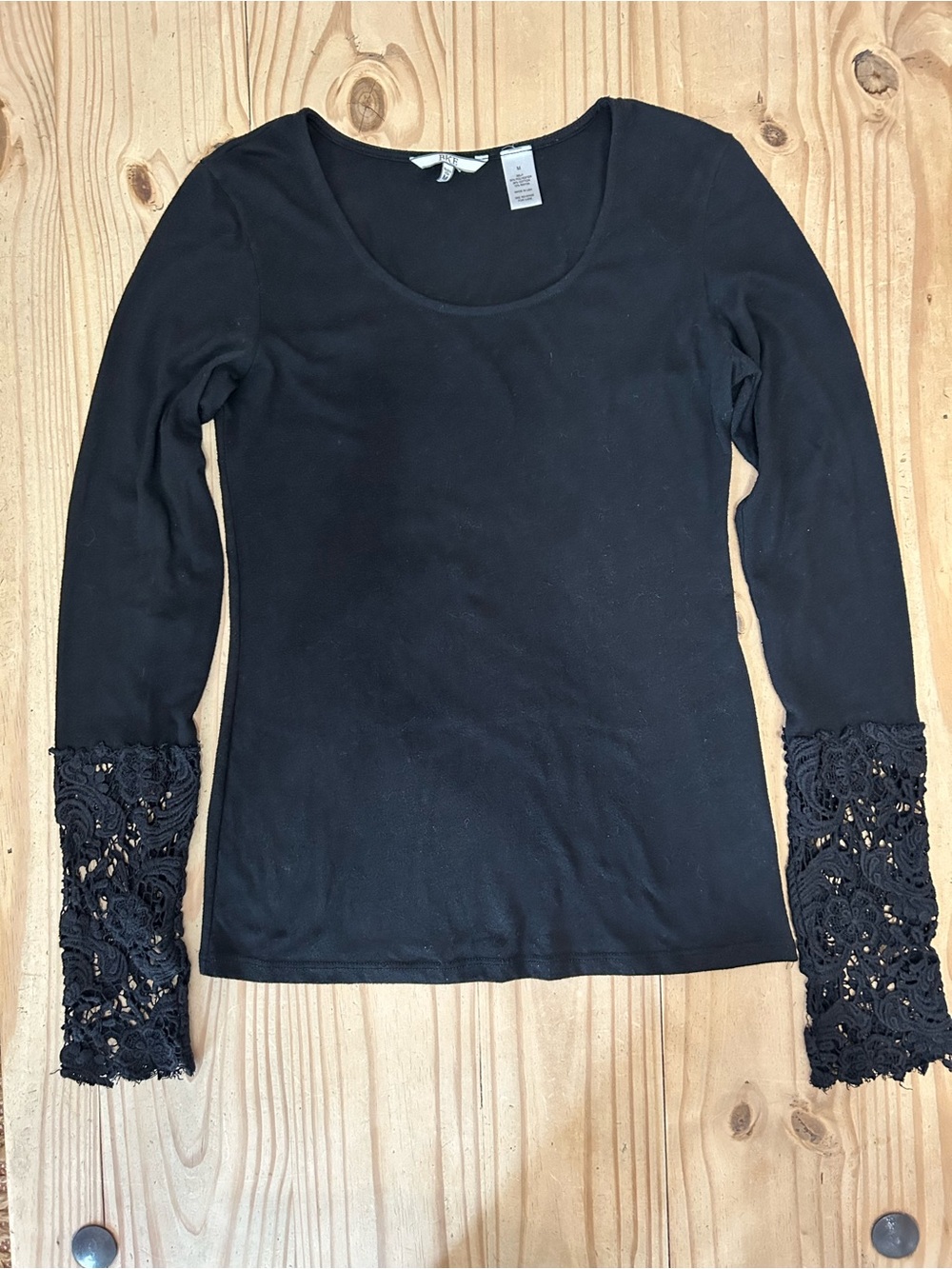 BKE Black Long Sleeve Scoop Top with Lace Cuffs